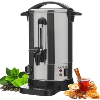 AREBOS 950 W Glühweinkocher | 6,8 L Heißgetränkespender mit Thermostat, Überhitzungsschutz & Auslasshahn | Auffangschale | 30–110 °C Silber - Silber