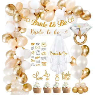 Auezona Bride to Be Deko Gold, Jga Deko Frauen with Gold Ballons Schärpe Girlande Schleier Tortenstecker, Jungesellinnenabschied Frau Accessoires Deko Bachelorette Party Decoration