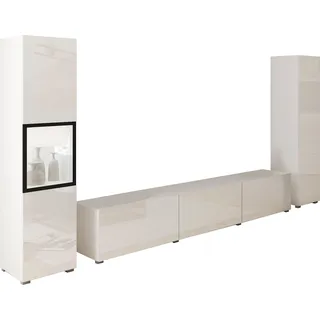 Home Affaire Wohnwand HOME AFFAIRE "BERLIN III, Vitrine Türschlag links/rechts wechselbar", weiß (weiß matt, weiß hochglanz), B:260cm H:130cm T:33cm, ABS-Kunststoff, Glas, Hartfaserplatte, Kastenmöbel-Sets, Wohnwand, moderne grifflose Mediawand Breite 260 cm, Vitrine 