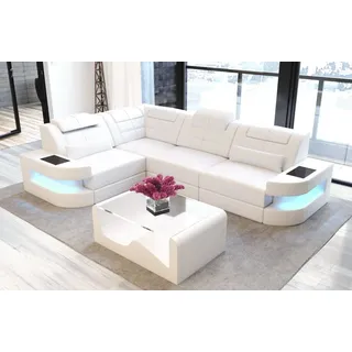 Sofa Dreams Ecksofa Como L Form Leder, Couch, mit LED, wahlweise mit Bettfunktion als Schlafsofa, Designersofa weiß