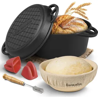 Flavemotion Gusseisen Topf zum Brot backen - Starter-Set mit Gärkorb, Bäckermesser und Rezepten - Brotbackfrom mit Deckel, Gusseisentopf
