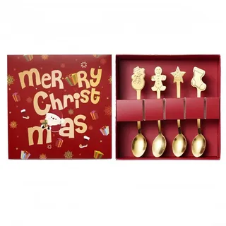 Teelöffel, Edelstahl, Weihnachtslöffel, Weihnachts-Kaffeelöffel für Tee, Dessert, für Party-Tischdekorationen (Gold), 4 Stück