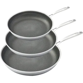 hensslers Pfannen-Set, Edelstahl, (Set, 3 tlg., 1x Bratpfanne Ø 20 cm, 1x Bratpfanne Ø 24 cm, 1x Bratpfanne Ø 28 cm), 3-Schicht Material, Wabenstruktur und Antihaftbeschichtung, Induktion