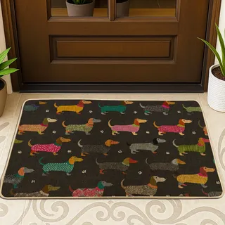 Fußmatte mit Dackel-Motiv, bunte Wursthunde, für drinnen und draußen, für alle Jahreszeiten, lustige Dekoration, rutschfester Bodenteppich, leicht zu reinigen, 73 x 43 cm