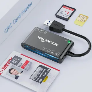 USB A Smart Card Reader Militär SIM CAC Kartenleser, 7-in-1 Multi Speicherkarten Lesegerät DOD Military Kartenleser für CAC SIM SD M2 MS Micro-SD MMC, Smartcard Leser ISO 7816 Klasse A,B,C