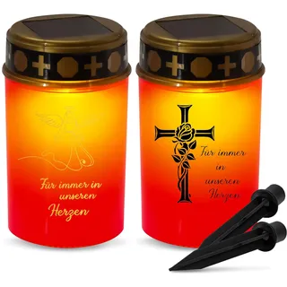 2 Solar Grablicht Led, Grabkerzen Grabschmuck Wetterfest Mit 2 Erdspieß, Grablicht Solar Mit Realistischer Flackereffekt, Grabkerzen Led Mit Batterie Grablichter Für Immer in Unseren Herzen (B)