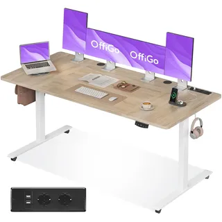 OffiGo Höhenverstellbarer Schreibtisch, 180cm Schreibtisch Höhenverstellbar Elektrisch mit USB, Standing Desk mit 2 Memory Funktion, Elektrischer Tisch für Büro, Zuhause, Beige