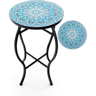 Costway - Beistelltisch Mosaiktisch Rund, Mosaik Gartentisch Bistrotisch, ∅30 X 50 Cm, Balkontisch Aus Metall & Keramik, Blumenhocker Für Balkon Terrasse Garten Blau
