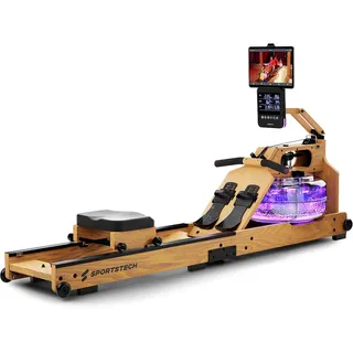 Sportstech Wasser-Rudergerät WRX1000 hellbraun, App-kompatibel, mit Wassertank, mit LED-Beleuchtung, 3-1 Widerstandsystem, mit LCD Display, mit Tablet-Halturung