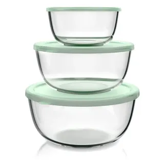 Arendo Salatschüssel 3er Set mit Deckel, Glasschüssel 1,1L / 2,7L / 4,4L, Glas Rührschüssel, Glas, (Set, 3-tlg), Glasschale, BPA-frei, Mikrowellen- und spülmaschinengeeignet grün|weiß