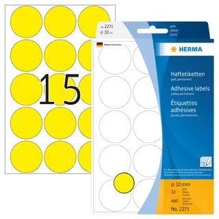 HERMA 2271 Punktaufkleber Klebepunkte gelb, 480 Stück, Ø 32 mm, 15 pro Bogen, selbstklebend, Markierungspunkte für Kalender Planer Basteln, matt, blanko Papier Farbpunkte Aufkleber