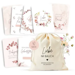 MeinBaby123® Geburtskarte 42 Meilensteinkarten Schwangerschaft zum Ausfüllen, inkl. Baumwollsäckchen, Geschenk zur Schwangerschaft rosa