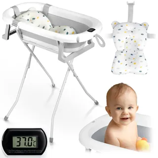 Ricokids Rk-287, Faltbare Babybadewanne mit Gestell Thermometer und Badekissen - Faltbar Leicht Rutschfest - Weiß Grau
