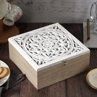 JUJOYBD Teebox Holz Weiß Deckel 9-Fächer mit Aufschrift TEA,