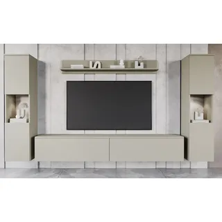 otto home Wohnwand OTTO HOME "PARIS, Vitrine Türanschlag links/rechts wechselbar", beige (kaschmir), B:260cm H:130cm T:33cm, Hartfaserplatte, Kastenmöbel-Sets, Wohnwand, grifflose Design, stehend und hängend montierbar