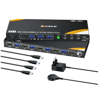 Camgeet HDMI KVM Switch 4 PC 1 Monitor 8K@60Hz, 4 Port HDMI 2.1 KVM Switch für 4 Computers teilen 1 monitor und 4 USB3.0 Geräte(Tastatur, Maus, Drucker), mit Wired Remote und 4 USB3.0 Kabeln