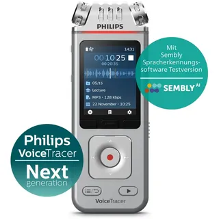 Philips DVT4115 Audiorecorder Digitales Diktiergerät (3 High-Fidelity-Mikrofone, Smartphone-App, Sembly AI Spracherkennung) silberfarben