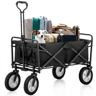 Merax Bollerwagen, Faltbar Handwagen mit verstellbare Griffe, Gartenwagen Transportwagen mit Getränkehalter, Strandwagen Picknickwagen, 360°Rotation des Vorderrads, Max Belastung 100 kg (Schwarz)