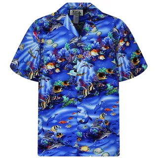 KY's Hawaiihemd Aquarium Original Hawaiihemd mit 100% Kokosnuss-Knöpfen blau XL