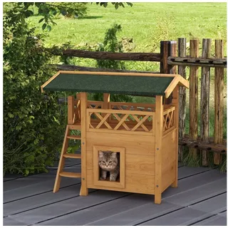 PawHut Katzenhaus mit Asphaltdach 2-stöckig, 77 x 50 x 73 cm,