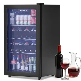 GUIVACI Getränkekühlschrank 65L – Mini Kühlschrank mit Glastür für 92 Dosen, freistehend, 43 dB leise, LED, Bierkühler für Büro, Zimmer & Bar, Schwarz