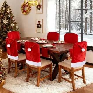 Jaoxiuozi Stuhlhussen Weihnachten, Stuhlhussen Weihnachten 6er Set, Stuhlhussen Samt, Weihnachtsdekoration für Stühle, Weihnachtshussen für Stühle, Weihnachtsdeko Set (Rot)