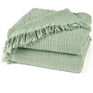 Pure Label Musselin Decke 220x240cm - Oeko-Tex zertifizierte Tagesdecke aus 100% Baumwolle | Musselin Wohn- & Kuscheldecke für Couch und Sofa in XXL | 220 x 240 cm, Farbe der Decke Grün