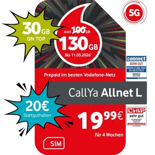 Vodafone Prepaid CallYa Allnet L | 20 EUR Startguthaben | ohne Vertrag | 5G-Netz | Telefon- SMS-Flat | EU-Roaming
