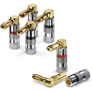 Sonero sonero® Bananenstecker 90° gewinkeltes 4er-Set, für alle Lautsprecherkabel mit einem Durchmesser bis max. 6mm2, 4 Stück mit umlaufenden Farbring (2x rot, 2x schwarz), 24k vergoldet