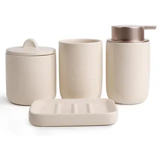 UMLACA Badezimmer Set Keramik, 4 Teiles Badezimmer Zubehör Set, Badezimmer Organizer mit Seifenspender, Seifenschale, Zahnputzbecher, Wattestäbchen Kanister, Hochwertiges Badezimmer Deko Set