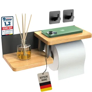 DAAL® Toilettenpapierhalter Ohne Bohren und Zwei Handtuchhalter Mit Ablage Elegante Klopapier Aus Stahl Bambus Aufbewahrung Wc Halterung Klorollenhalter Für Küche Badzimmer Schwarz Matt Holz Mobile