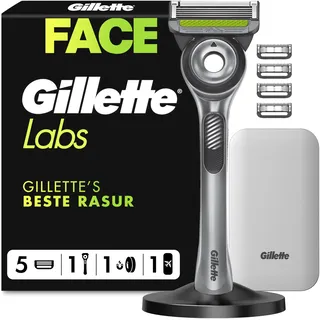 Gillette Labs Herren Rasiermesser + 5 Rasiermesser Klinge Nachfüllen mit Peeling-Bar, Inklusive Premium-Magnetständer & Reise-Fall