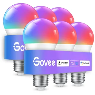 Govee Smart Glühbirne E27, WLAN LED Lampe RGBWW kompatibel mit Matter, Alexa und Google Assistant, dimmbare mit 16 Millionen DIY-Farben, 800LM, 54 Szenen, Smart Home Alexa Zubehör, 6 Stück