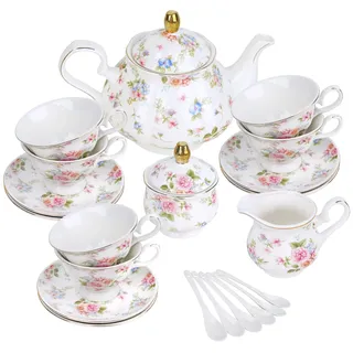 fanquare 21 Stück Pastellfarbenes Blumen Teeservice mit Reliefdetails, Vintage Porzellan Kaffeeservice mit Goldenem Rand, 6 Tassen und Untertassen für Frauen Teeparty