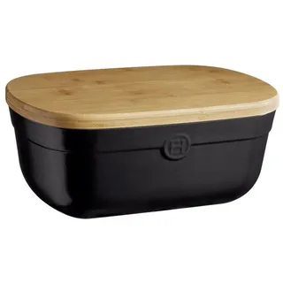 Emile Henry Brotkasten aus Keramik + Holzdeckel, 35,6 cm, schwarzer Trüffel