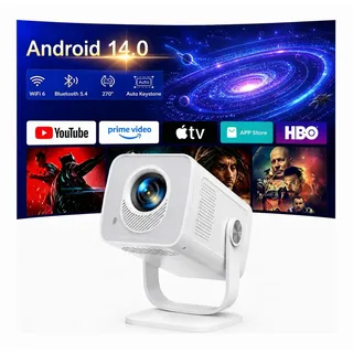 Magcubic Mini Beamer Projektor 4K Unterstützt Android 14 WiFi 6 BT 5.4 | 270° Dreh Smart Beamer Klein mit Auto Trapezkorrektur, Tragbarer für Heimkino/Schlafzimmer/HDMI/Handy/PC/USB