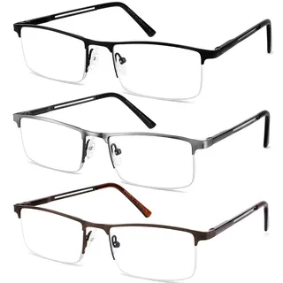 JJWELL 3 STÜCKE Lesebrille Herren Mit Blaulichtfilter, Blaulicht Herren Lesebrille, Rechteckige Halb Metall Lesebrillen Lesehilfe, Anti-Augenbelastung/UV, Anti-Blaulicht Brille Mit Sehstärke 3,0