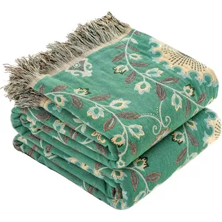 HOORDRY 100% Baumwolle Boho Decke 150x200CM,Doppelseitig Gewebte Tagesdecke mit Fransen Couchdecke Sesseldecke Wohndecke Wendedecke Kuscheldecke Sofadecke mit Muster,Sonnenblumen,Grün/Beige