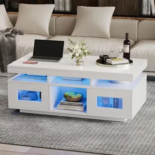 Merax Couchtisch Hochglanz Weiß, 100x50x43cm, LED-Tisch mit App-Steuerung, Schrank, USB & Steckdose, Modernes Wohnzimmer/Büro - Weiß