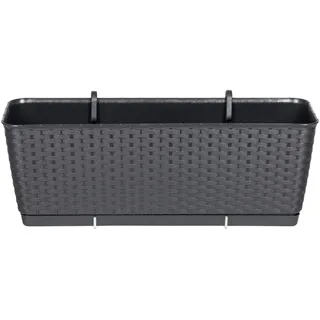 Kreher Balkonkasten, Pflanzkasten mit Wasserspeicher im Rattan Design aus Kunststoff in Anthrazit. Mit 12 Liter Volumen und Metallhalterung. Maße 50 x 17,2 x 17,4 H cm