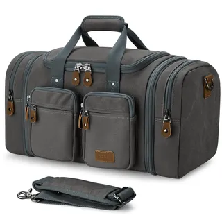 Gonex Canvas Reisetasche 50L Erweiterbar, Weekender Handgepäck | Spritzwasserfest, Nass‐Trocken‐Fachtasche, Koffergriff‐Hülse, Abnehmbarer Schultergurt, Rutschfeste Bodenpads, Grau