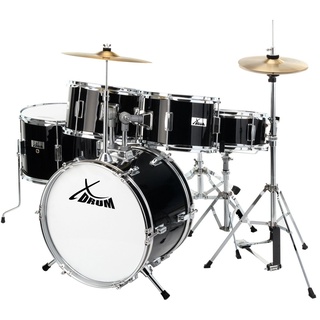 XDrum Kinderschlagzeug Junior Pro,Komplettes Drumset, Inkl. Drumsticks, Fußmaschine & Schlagzeughocker, Kesselgrößen: Bass Drum 16", Snare Drum 12", Zwei Tomtoms 10" & 11" schwarz