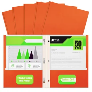 Better Office Products Papierordner mit Zinken, 50 Stück, mattierte Textur, Briefgröße, Papierordner, 50 Stück, mit 3 Metallklammern, Orange