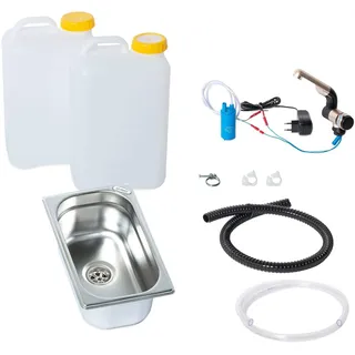 230V Wasseranlage Imbisswagen Verkaufsanhänger Campingküche Bausatz Spüle 265x160x100 + Wasserhahn Barwig Chrom Wasserkanister 19 Liter (ad-ideen)