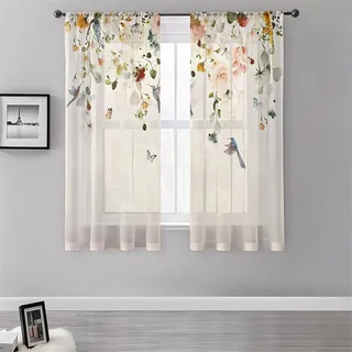 Surwin Vorhänge Wohnzimmer, Blumenästhetik Scheibengardinen, Gardinen mit ösen, 2er Set Vorhänge, Modern Transparent Tüll Gardine Wohnzimmer für Küche Fenster Wohnzimmer (Magnolie,130x120cm)
