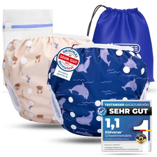 KIDVERSE 2er Set Schwimmwindel Baby 0-3 Jahre - Hautfreundliche Schwimmwindeln wiederverwendbar & saugstark - Baby Schwimmwindel mit Tasche & Wäschenetz (Beige Blau Meer 2er)
