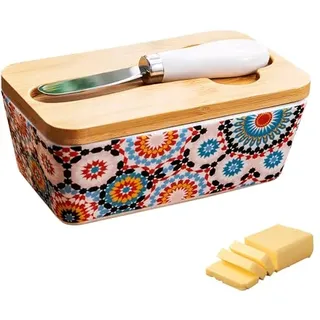 Butterdose Keramik mit Holzdeckel Dichtung und Buttermesser, Butterglocke Bunt Vintage für 300g Butter, Butterbehälter Große Butterschale Porzellan Butterbox Spülmaschinenfest (C)