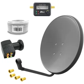 60 cm HD Sat Anlage Quad LNB + 10 m Koaxialkabel 135 dB + Satfinder + 4 F-Stecker Digital 4 Teilnehmer Antenne Grau UHD 4K