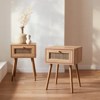 sweeek 2er-Set Nachttische mit Holzlook und Rohrgeflecht - sweeek