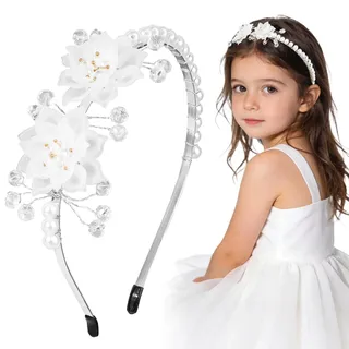 Haarreif Kommunion Mädchen Weiße Blume Kopfschmuck Kommunion Haarschmuck Stirnband mit Weiß Perlen Blüten für Kommunion Blumenkind Hochzeit Festival Kopfschmuck